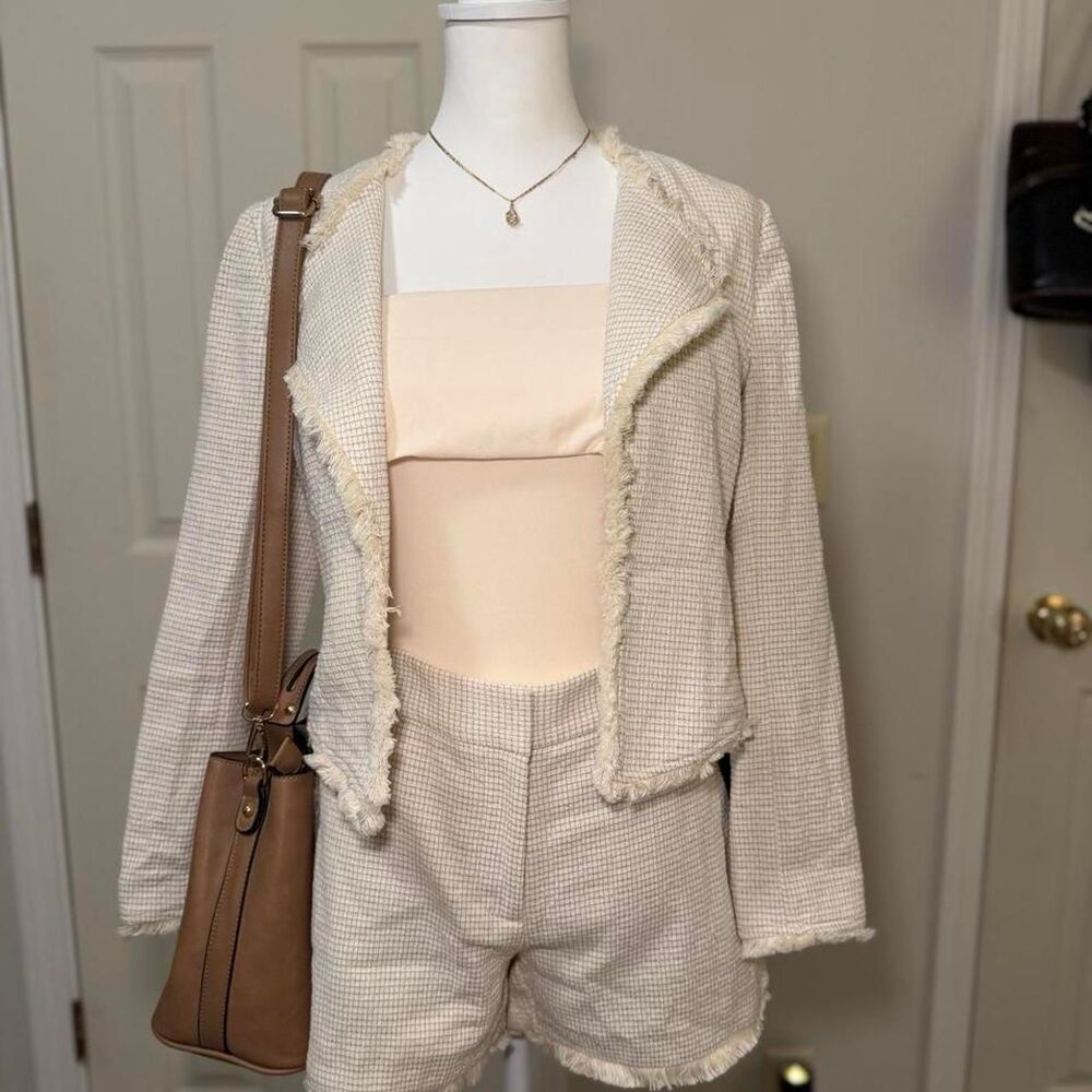 Kaari Blue Tweed Blazer Shorts Set 4P Stone Desert Oasis Fringe Co-ord 2pc NWT